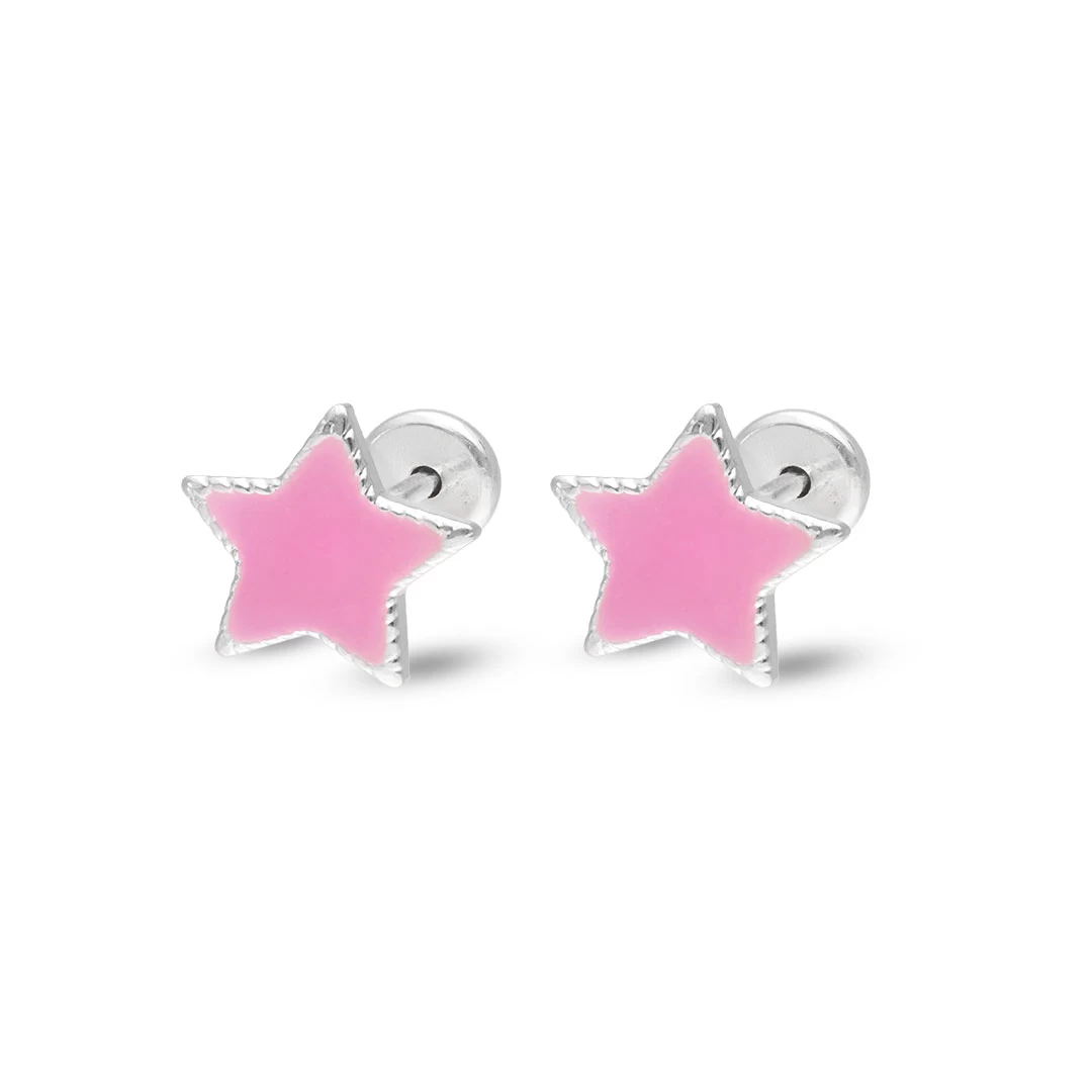 E Aros Abridores Premium Plata Estrella Esmaltada Color Rosa