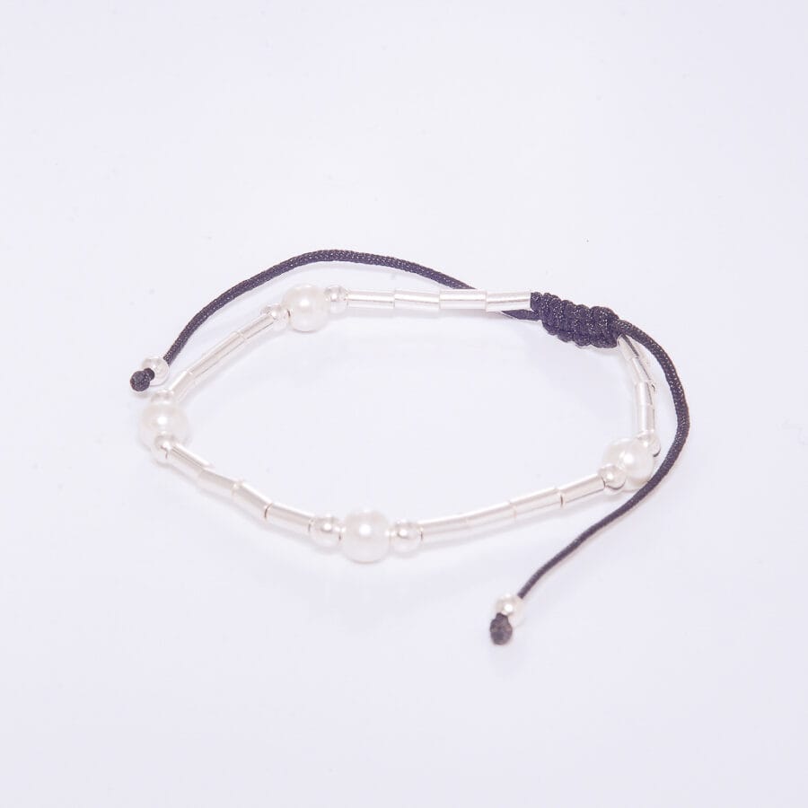 PULSERA CON PERLA Y CILINDRICOS DE PLATA 925 MACRAME - Imagen 2
