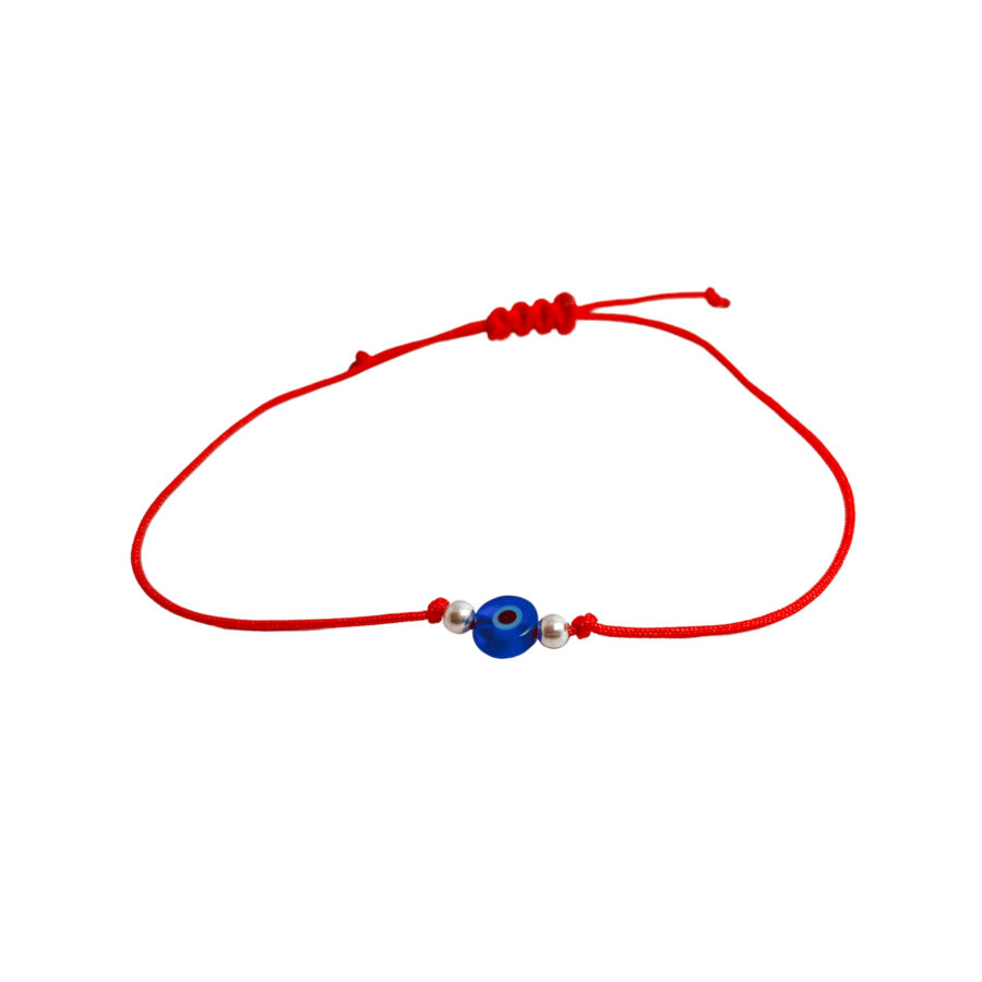 PULSERA DE PLATA 925 MACRAME ROJA + BOLITAS Y OJO TURCO AZUL