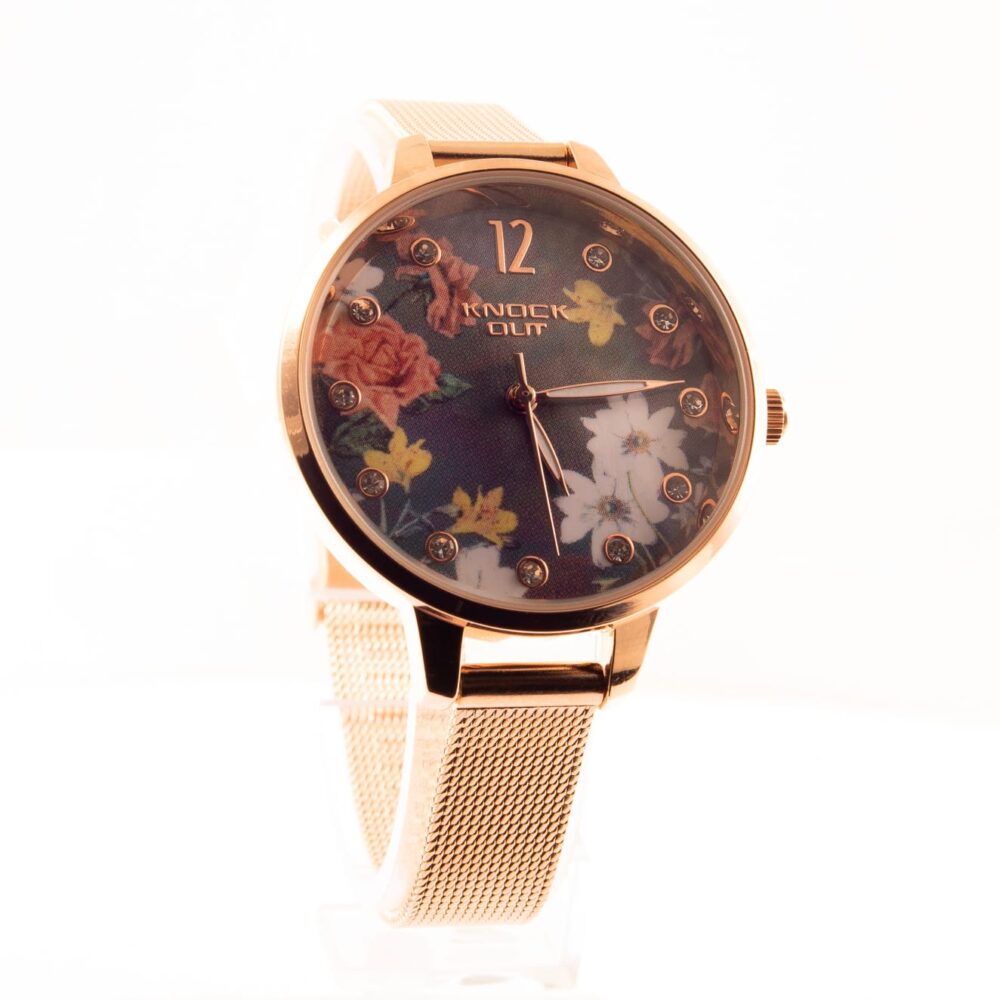 RELOJ KNOCK OUT, MALLA AJUSTABLE Y DISEÑO FLOR Y CRISTAL - Imagen 2