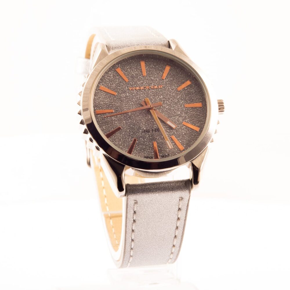 RELOJ KNOCK OUT CON MALLA DE CUERO ECOLOGICO Y DETALLES ROSE - Imagen 2