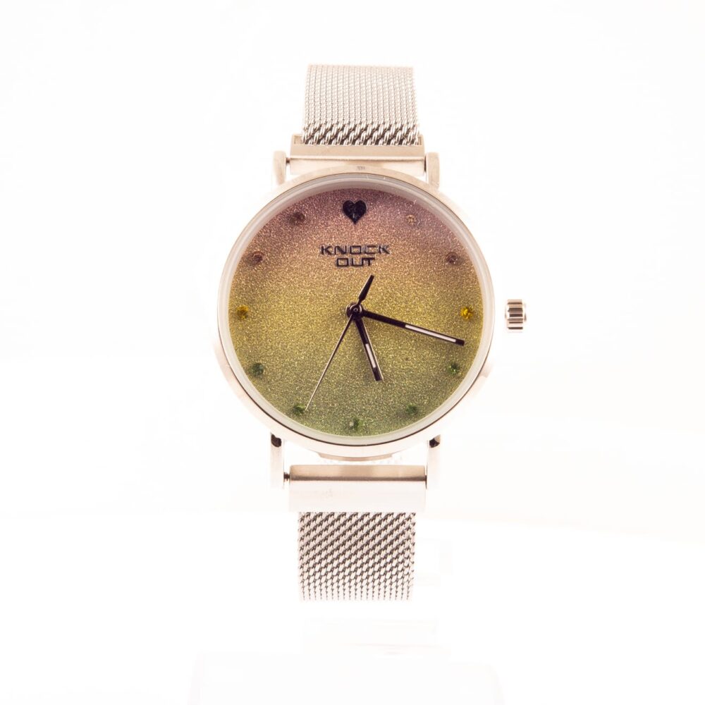 RELOJ KNOCK OUT CON MALLA PLATEADA, COLORES, ZIRCONIA Y CORAZON - Imagen 2