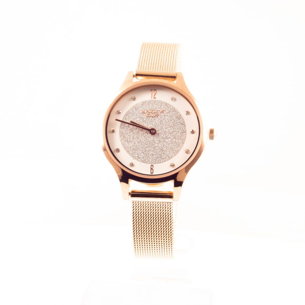 RELOJ KNOCK OUT BLANCO BRILLO Y MALLA FINA ROSE - Imagen 2