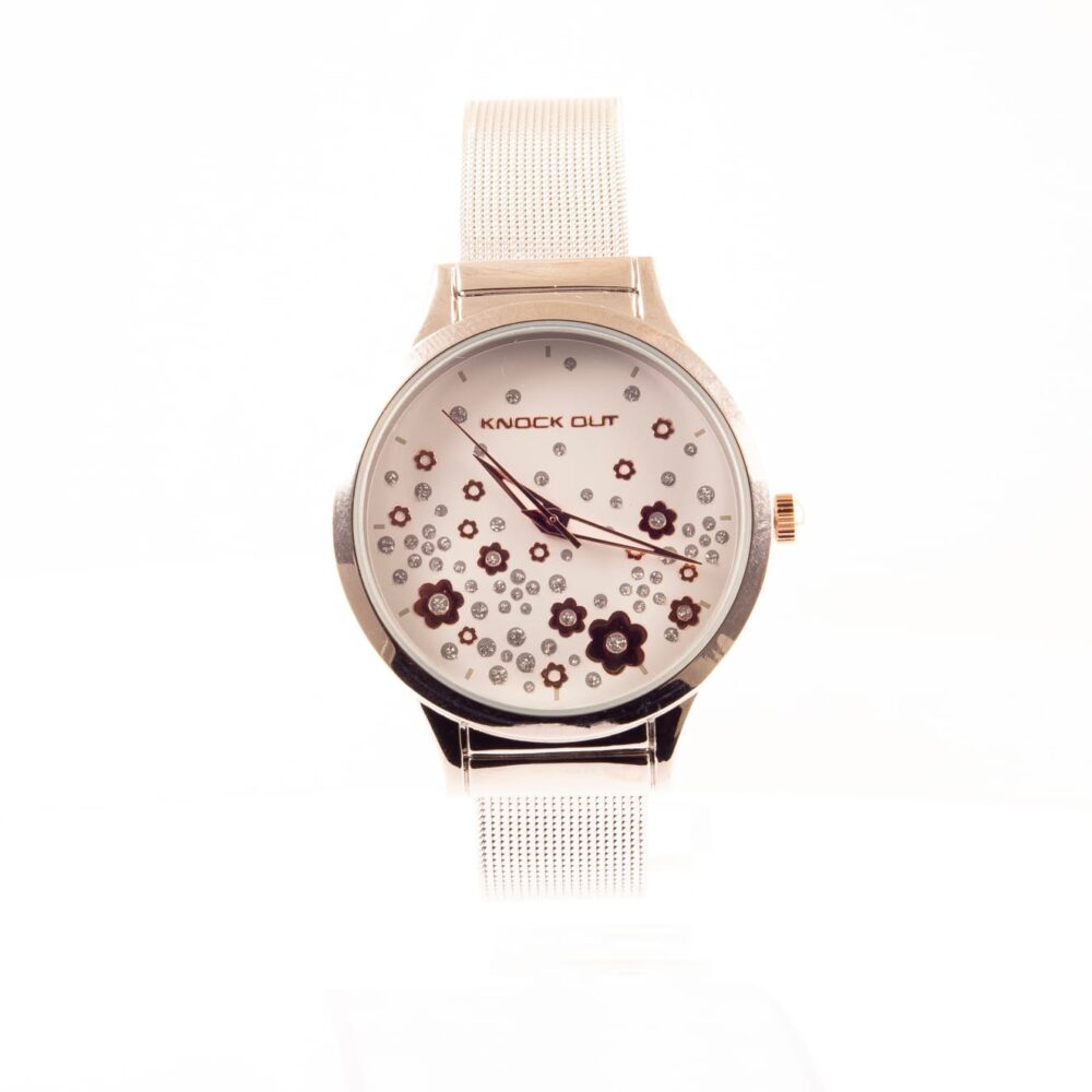 RELOJ KNOCK, MALLA PLATEADA Y DETALLES BLANCOS CON FLOR ROSE - Imagen 2