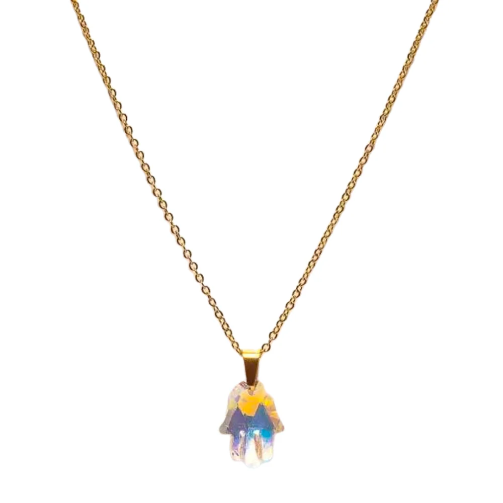 CONJUNTO DE ACERO DORADO CON DIJE DE MANO DE CRISTAL AZUL