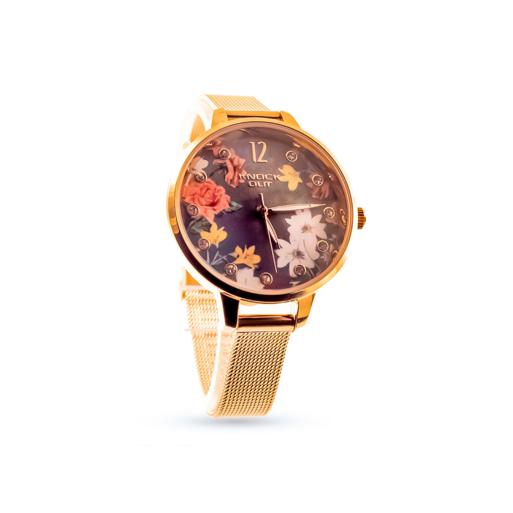 RELOJ KNOCK OUT, MALLA AJUSTABLE Y DISEÑO FLOR Y CRISTAL