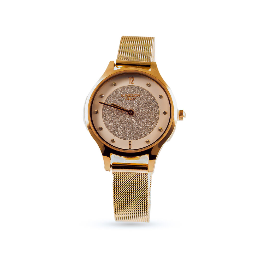 RELOJ KNOCK OUT BLANCO BRILLO Y MALLA FINA ROSE