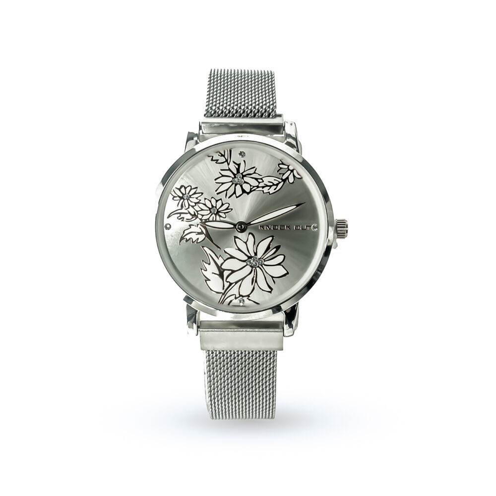 RELOJ KNOCK OUT CON MALLA, CIERRE IMANTADO, DISEÑO DE FLORES