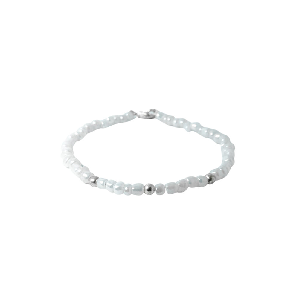 PLB23- PULSERA SEMI JOYAS BOLITAS DE PLATA Y BIJOU COLOR BLANCO