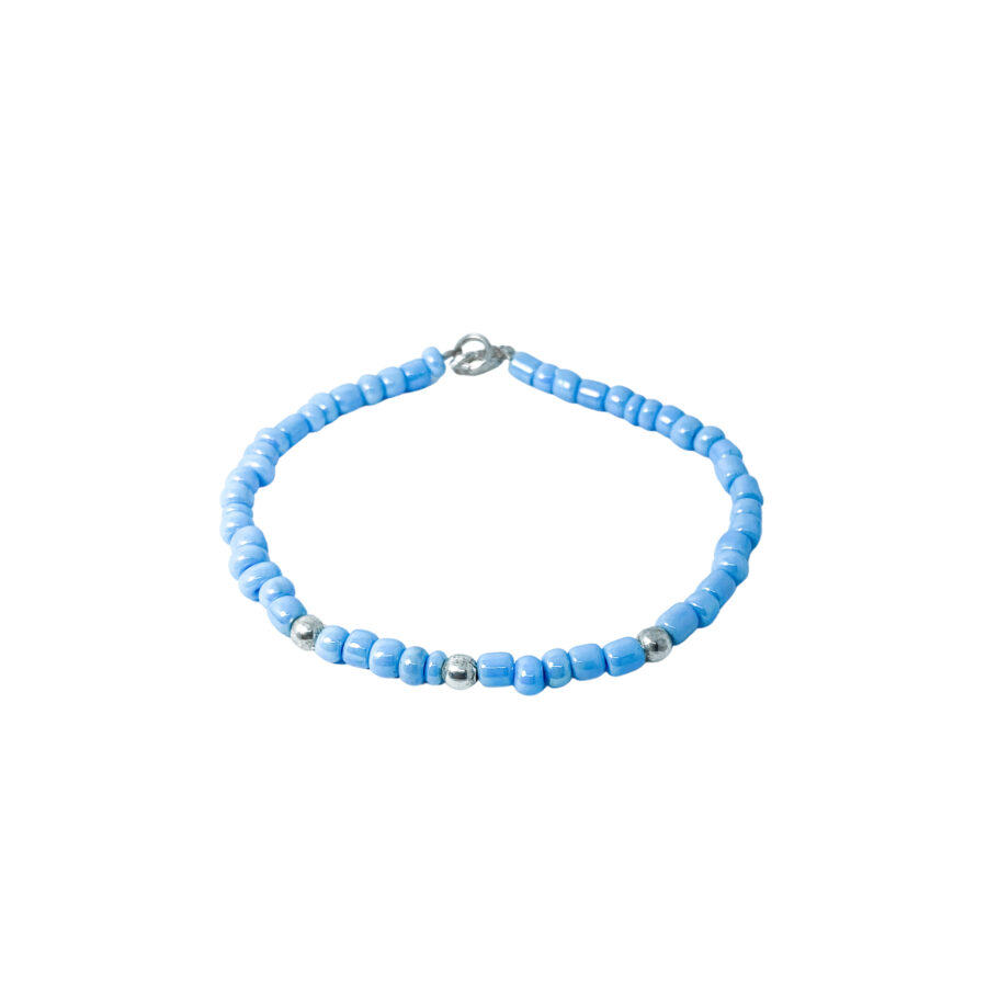 PLB24- PULSERA SEMI JOYAS BOLITAS DE PLATA Y BIJOU COLOR CELESTE