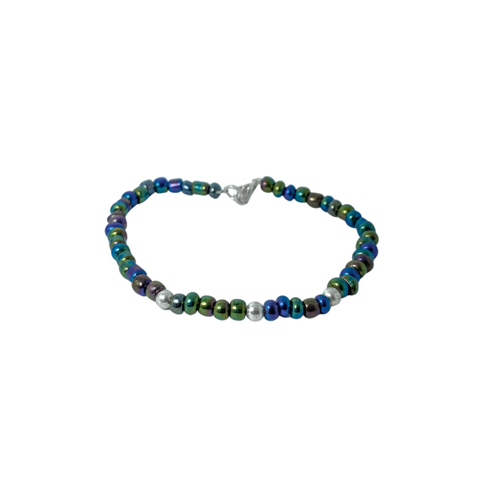 PLB27- PULSERA SEMI JOYAS BOLITAS DE PLATA Y BIJOU COLOR TORNASOLADO