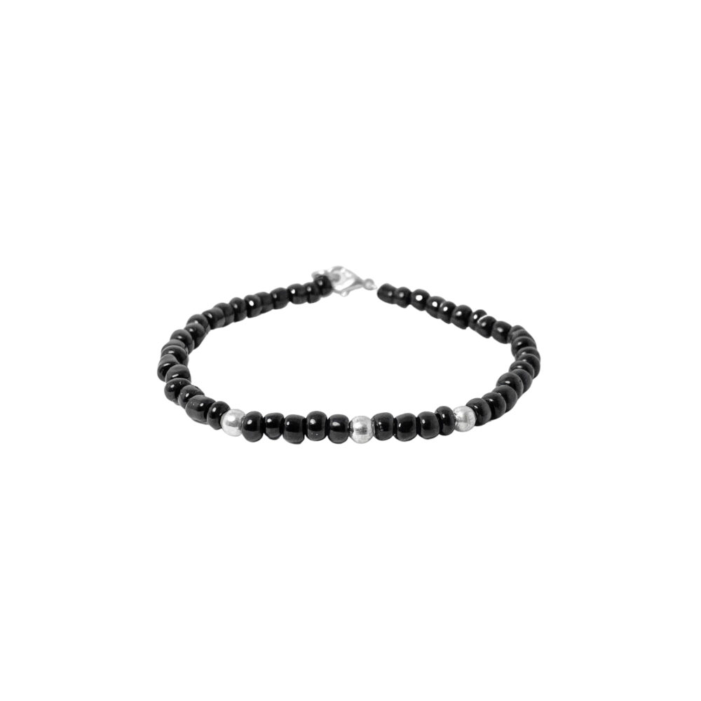 PLB29- PULSERA SEMI JOYAS BOLITAS DE PLATA Y BIJOU COLOR NEGRA
