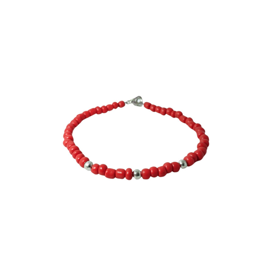 PLB34- PULSERA SEMI JOYAS BOLITAS DE PLATA Y BIJOU COLOR ROJO