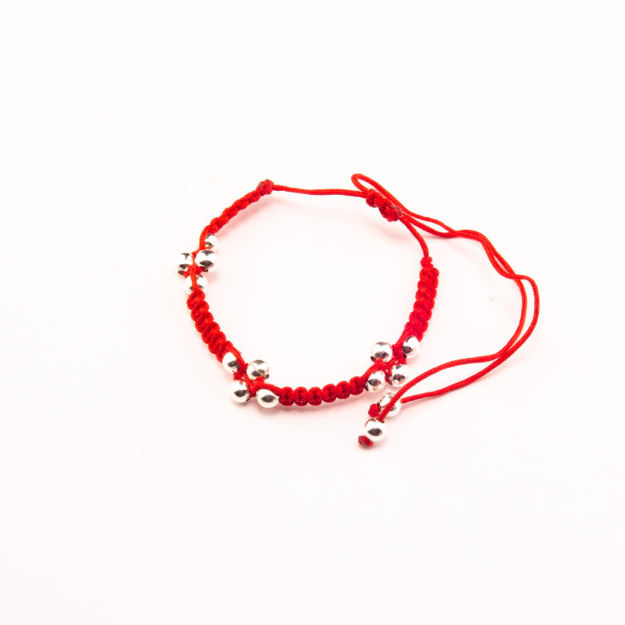 PULSERA MACRAME ROJA CON 3 FLORES DE BOLITAS DE PLATA 925 - Imagen 2