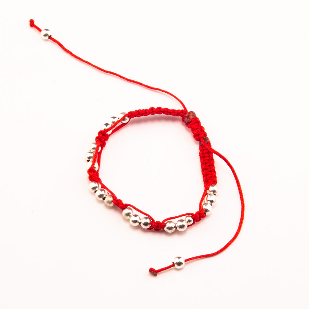 PULSERA MACRAME ROJA CON BOLITAS DE PLATA 925 INTERCALADAS