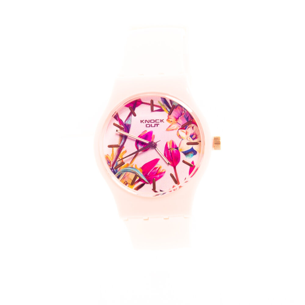 RELOJ KNOCK OUT FLOREADO, DE MALLA ROSA PASTEL DE GOMA