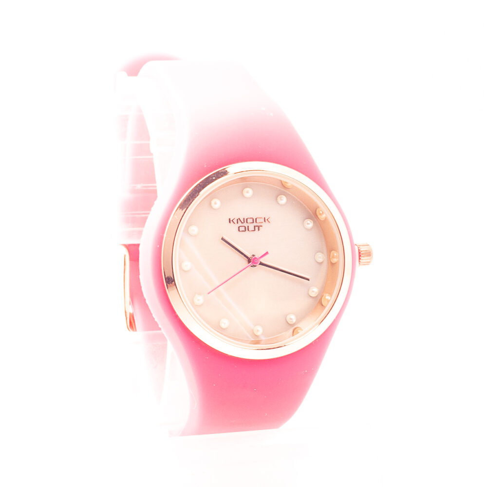 RELOJ KNOCK OUT CON MALLA DE GOMA ROSADA Y MINI PERLAS - Imagen 2