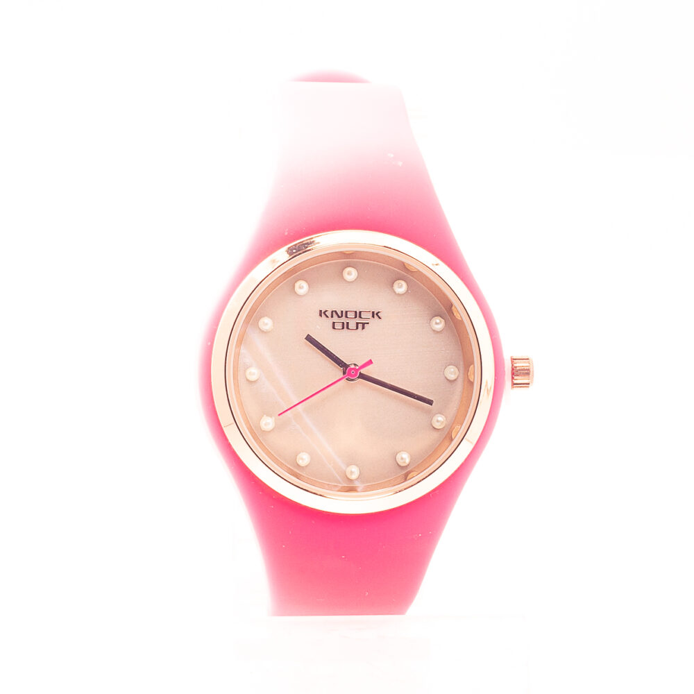 RELOJ KNOCK OUT CON MALLA DE GOMA ROSADA Y MINI PERLAS