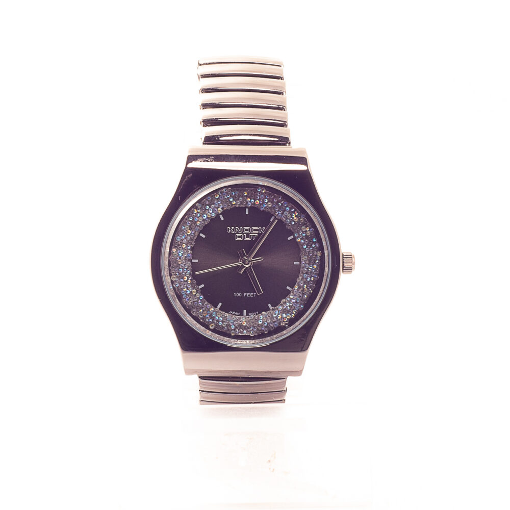 RELOJ KNOCK OUT BRILLANTE CON MALLA ELASTIZADA NEGRA