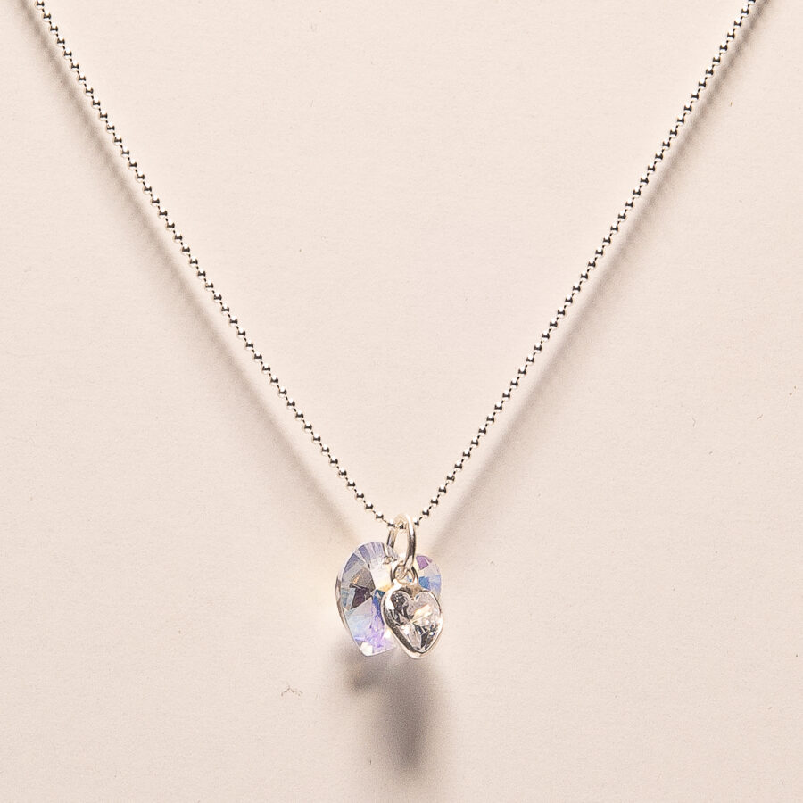 CADENA DE PLATA 925 DE BOLITAS Y DIJE DE CORAZON DE CRISTAL