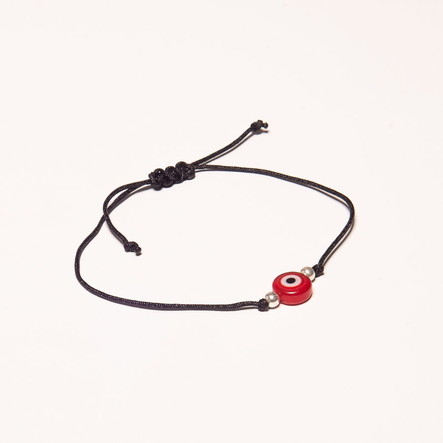 PULSERA DE PLATA 925 MACRAME NEGRA + BOLITAS, OJO TURCO ROJO