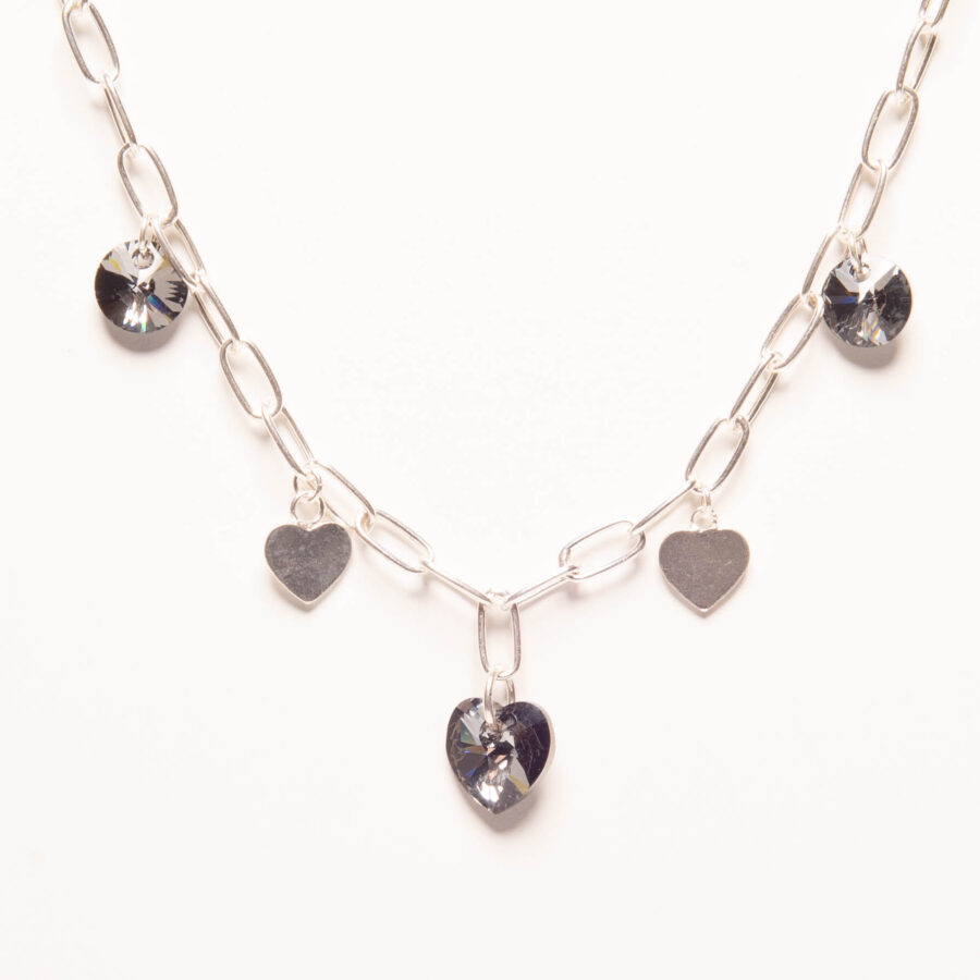 PULSERA DE PLATA 925 Y DIJES DE CRISTAL Y DE CORAZON NEGRO