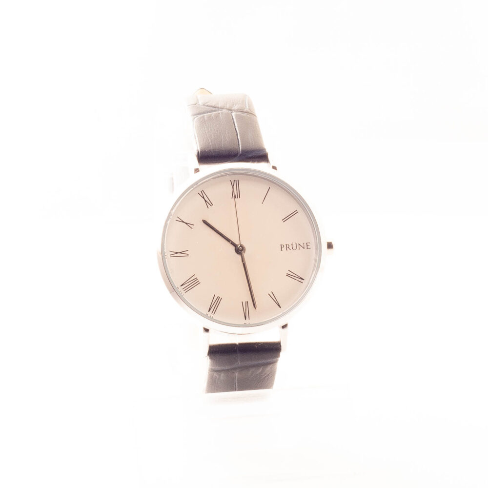 RELOJ PRUNE PLATEADO Y BLANCO CON CUERINA NEGRA - Imagen 2