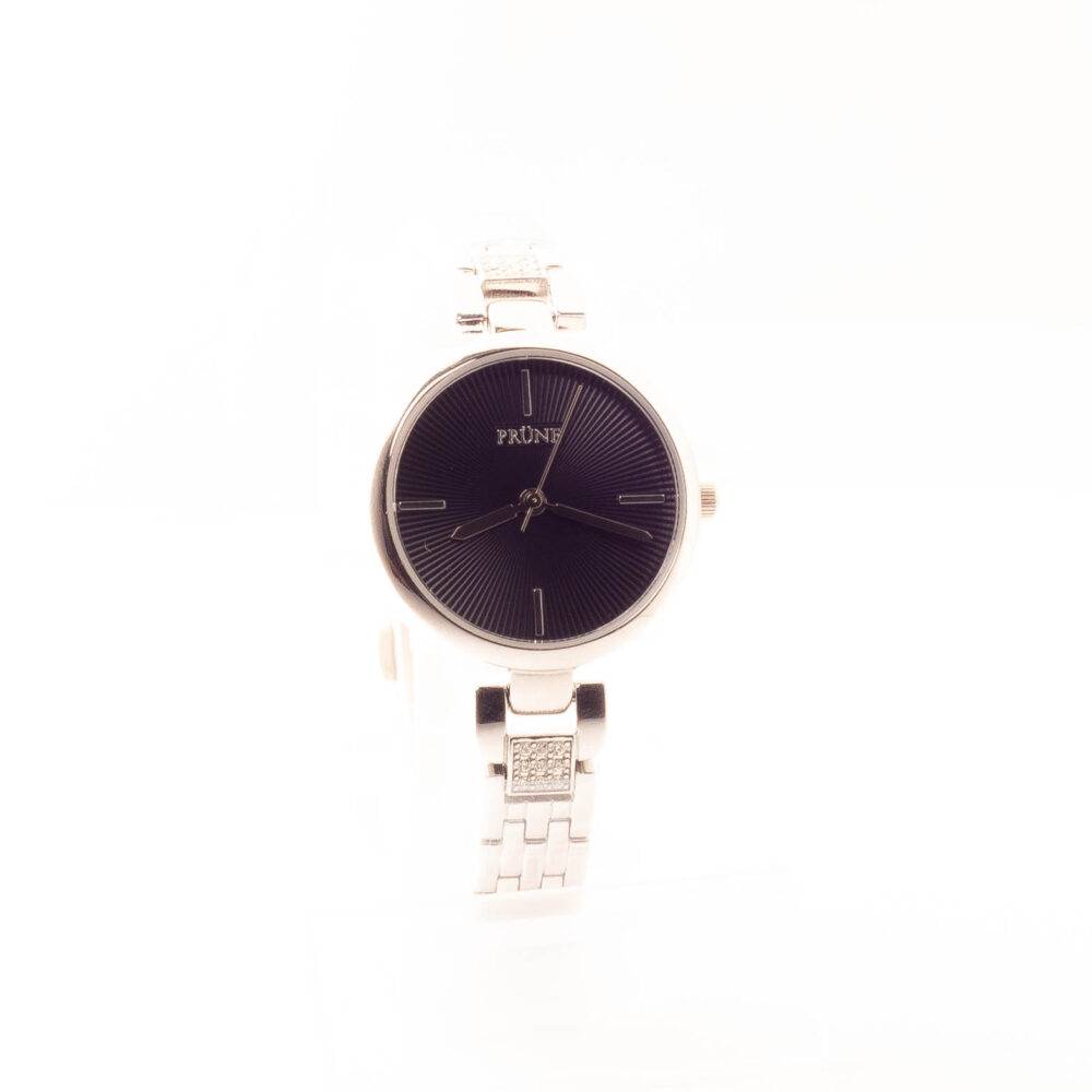 RELOJ PRUNE NEGRO Y MALLA METALICA PLATEADA CON CUBIC - Imagen 2