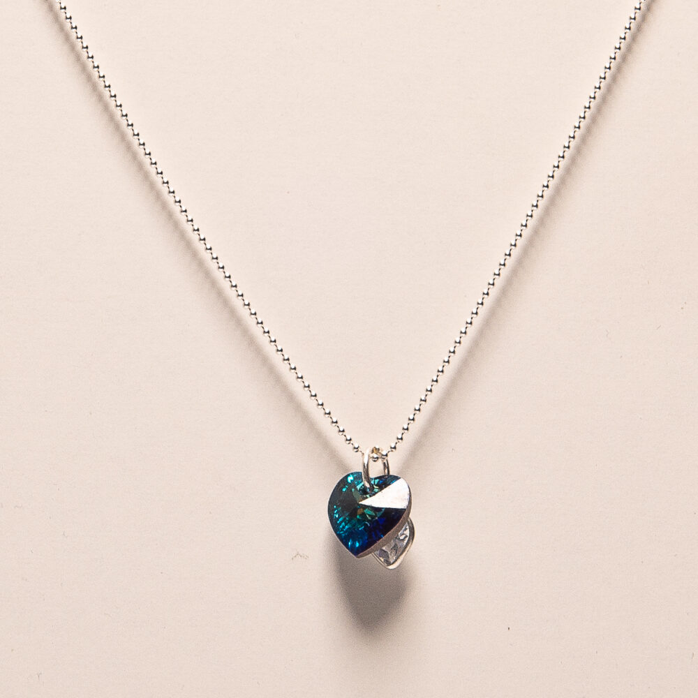 CADENA DE PLATA 925, BOLITAS CON DIJE DE CORAZON DE CRISTAL
