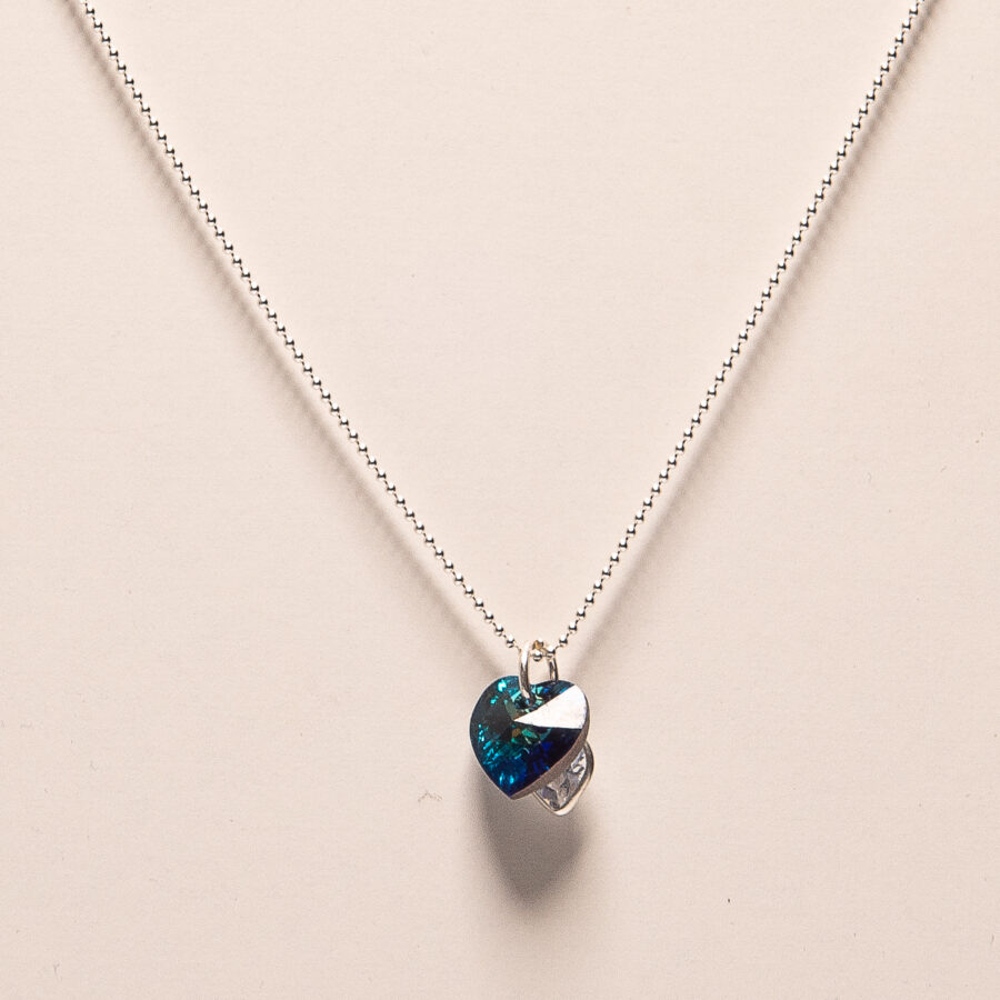 CADENA DE PLATA 925, BOLITAS CON DIJE DE CORAZON DE CRISTAL
