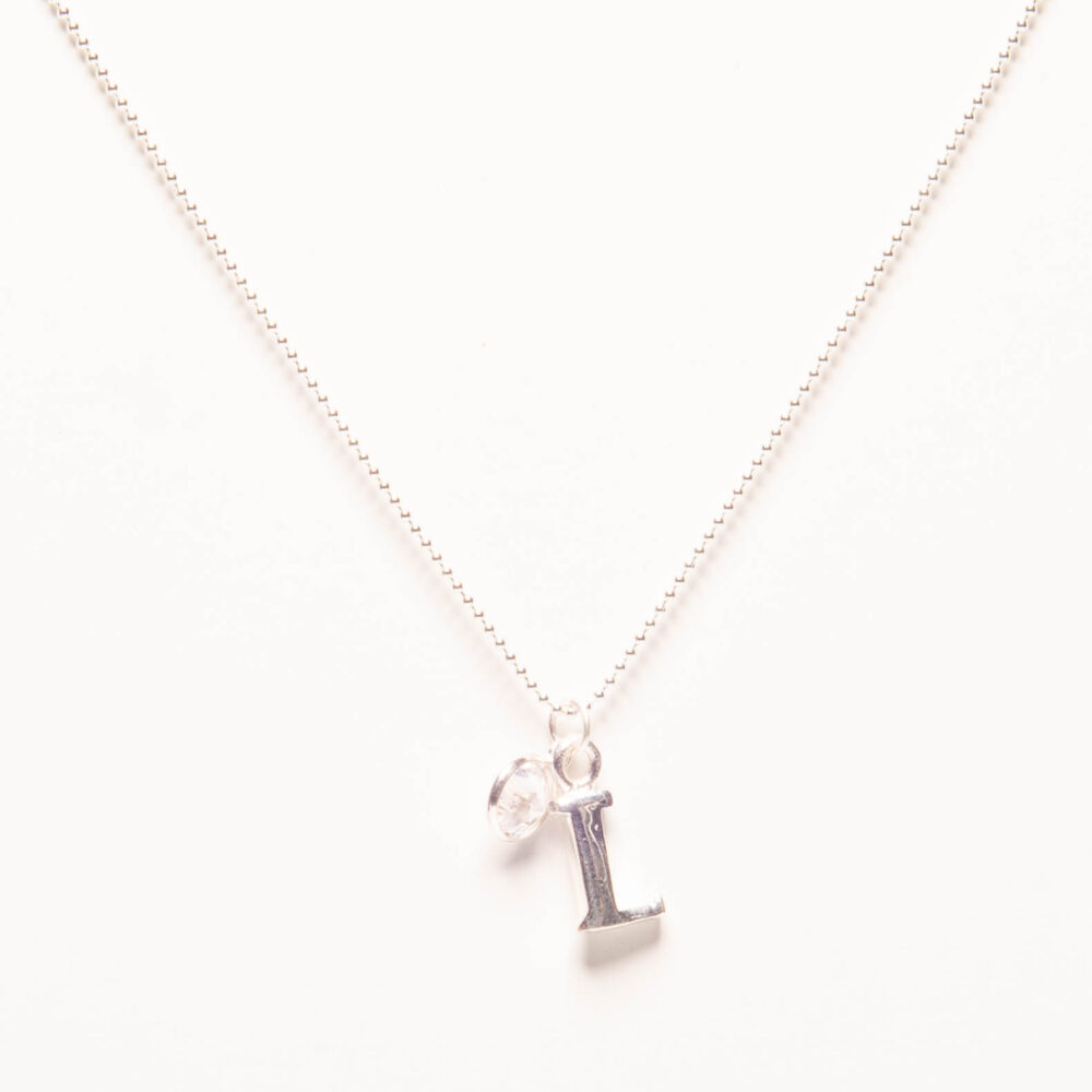CADENA DE BOLITAS PLATA 925, DIJE DE LETRA L Y ZIRCONIA
