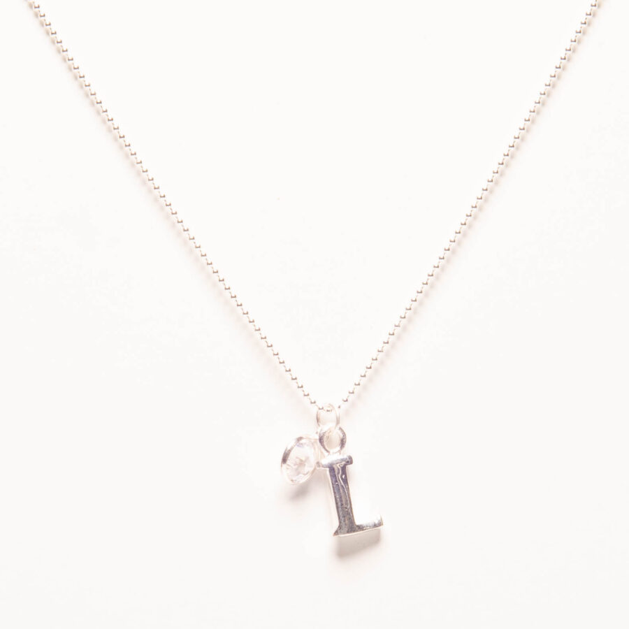 CADENA DE BOLITAS PLATA 925, DIJE DE LETRA L Y ZIRCONIA