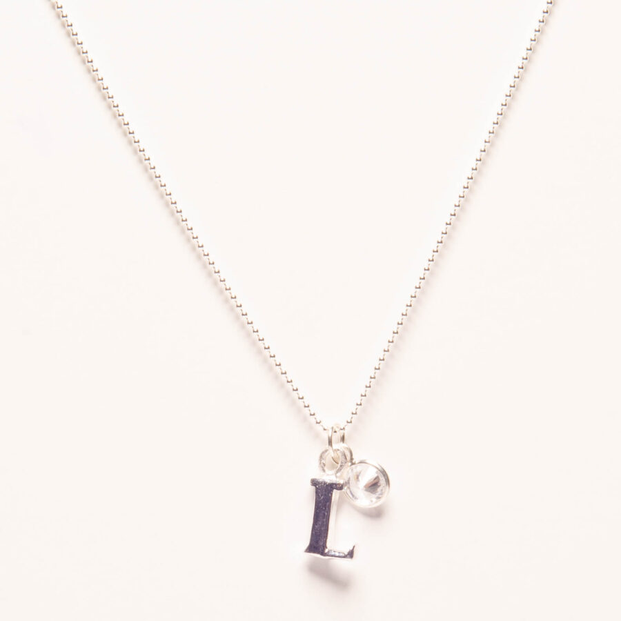 CADENA DE BOLITAS PLATA 925, DIJE DE LETRA L + ZIRCONIA