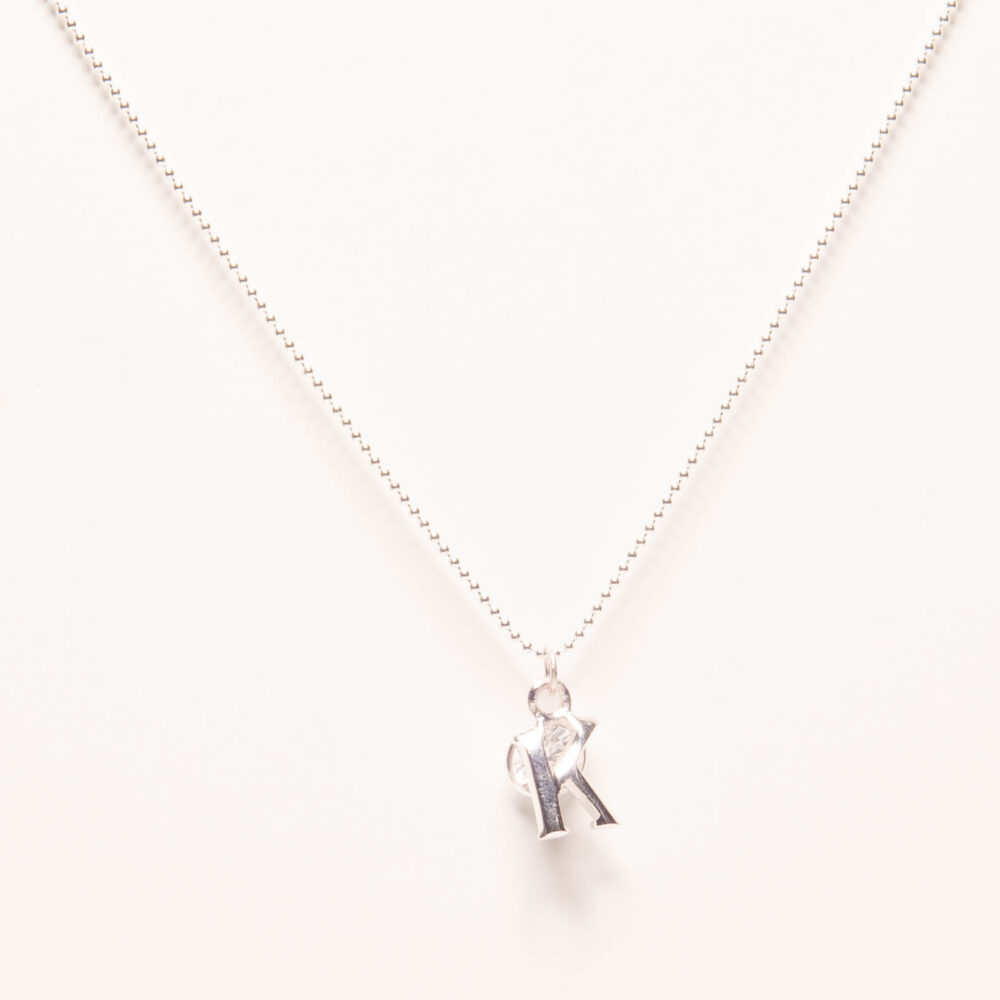CADENA DE BOLITAS PLATA 925, DIJE DE LETRA K Y ZIRCONIA