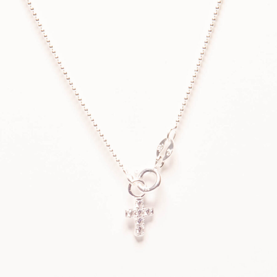 PULSERA DE PLATA 925 DE BOLITAS Y DIJE DE CRUZ CON ZIRCONIA