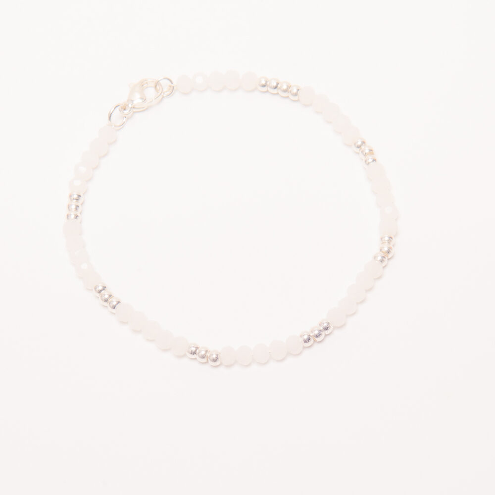 PULSERA ACERO BLANCO, CRISTAL ROCA BLANCO Y 3 BOLITAS