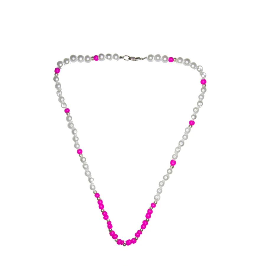 COLLAR DE BIJOU PERLAS BLANCAS CON MOSTACILLON FUCSIA- BIJ12