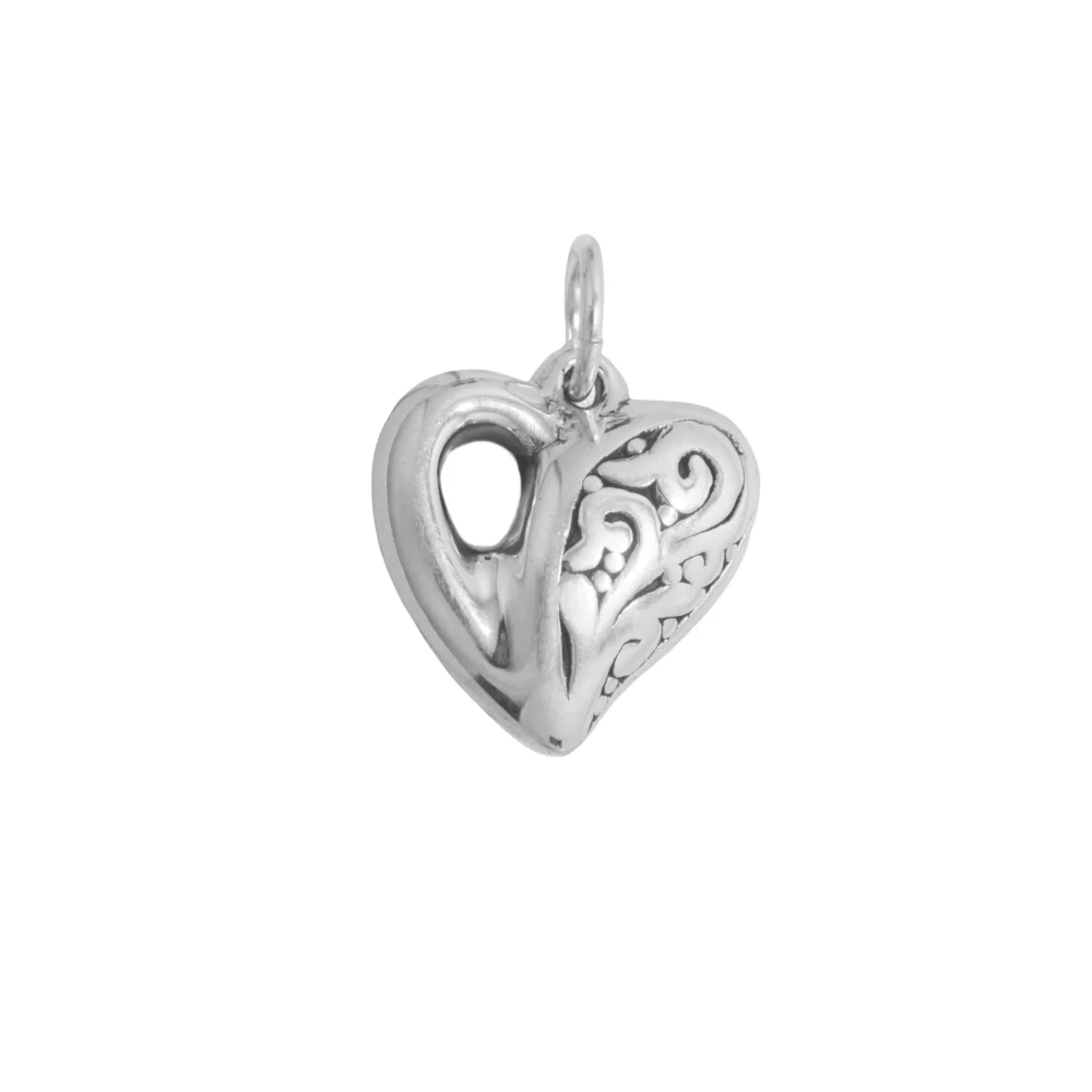 D3056- DIJE PLATA 925 INFLADO CORAZON MITAD LISO MITAD LABRADO