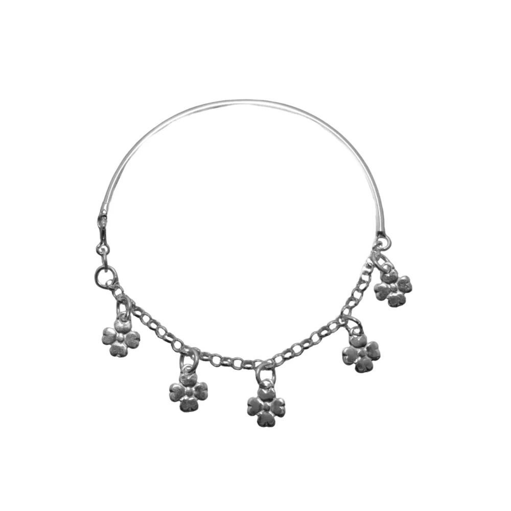 PUL965X- PULSERA PLATA 925 MITAD ROLO MITAD RIGIDA CON DIJES FLORES COLGANDO