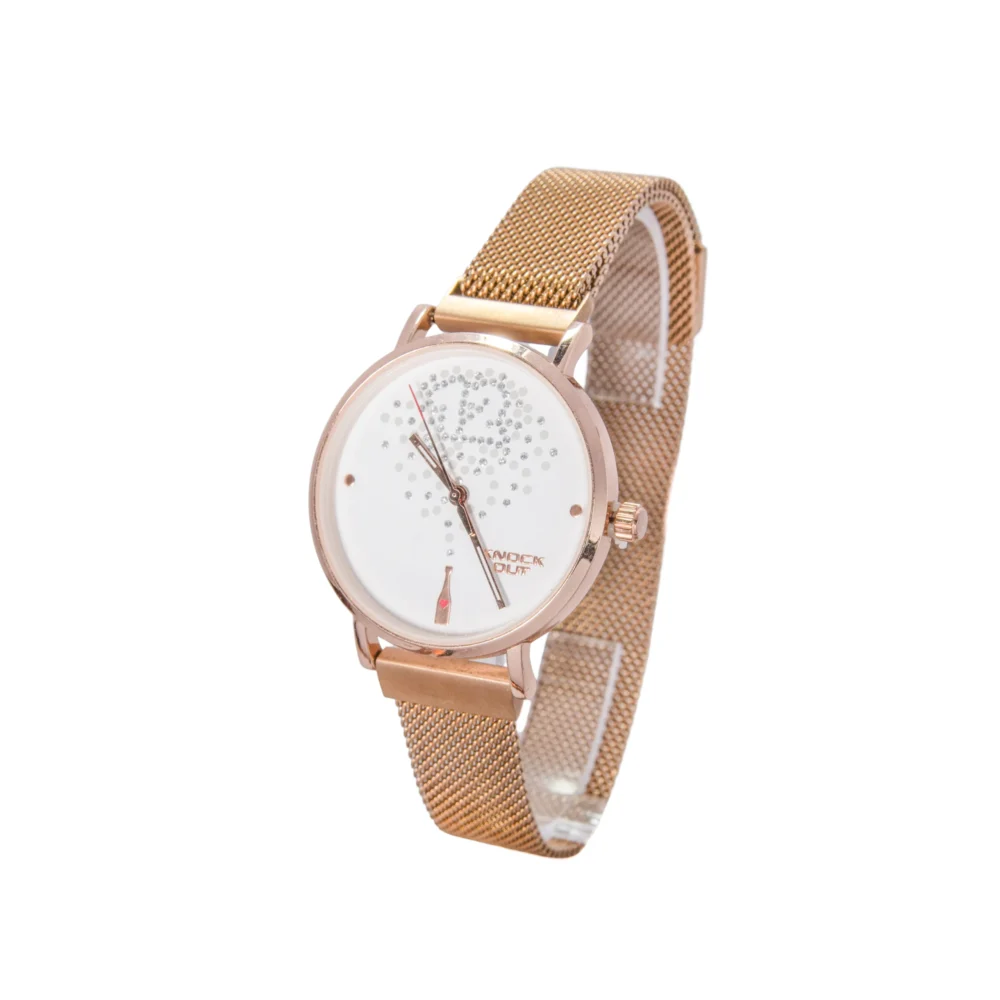 RELOJ KNOCK OUT CON MALLA ROSE Y BLANCO, BOTELLA DE VINO