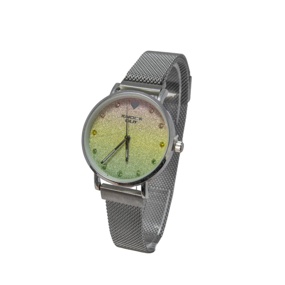 RELOJ KNOCK OUT CON MALLA PLATEADA, COLORES, ZIRCONIA Y CORAZON