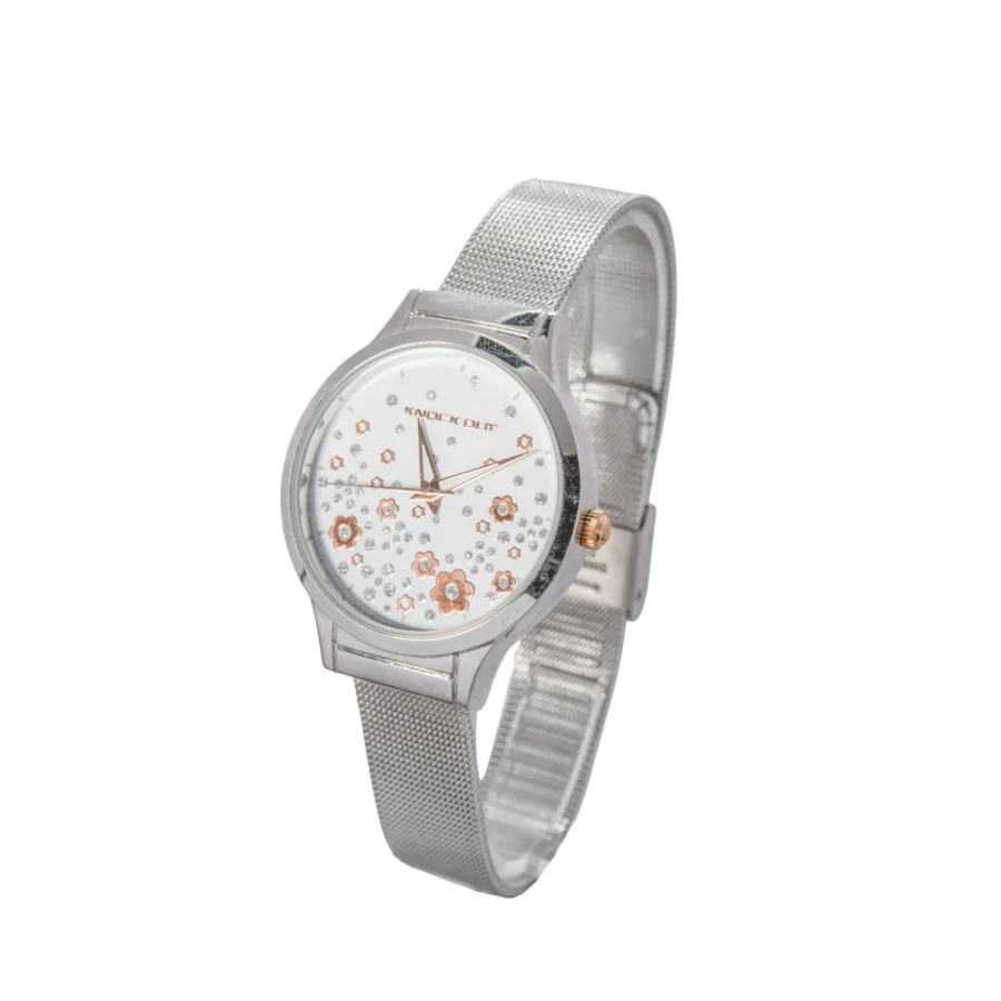 RELOJ KNOCK, MALLA PLATEADA Y DETALLES BLANCOS CON FLOR ROSE