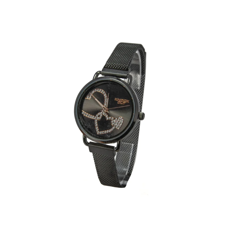 RELOJ DE MALLA FINA NEGRA CON CORAZONES EN ROSÉ Y ZIRCONIAS
