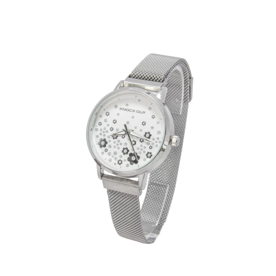 REK035X- RELOJ KNOCK OUT PLATEADO CON MALLA METALICA