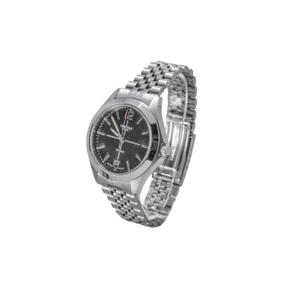 RET10- RELOJ TRESSA FONDO NEGRO MALLA METAL