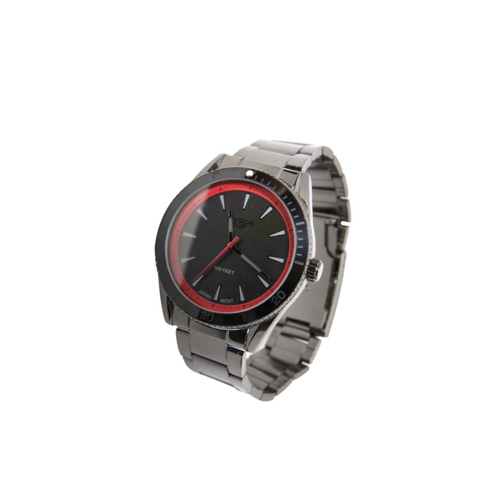 RELOJ KNOCK OUT CON MALLA METÁLICA NEGRA Y CÍRCULO ROJO