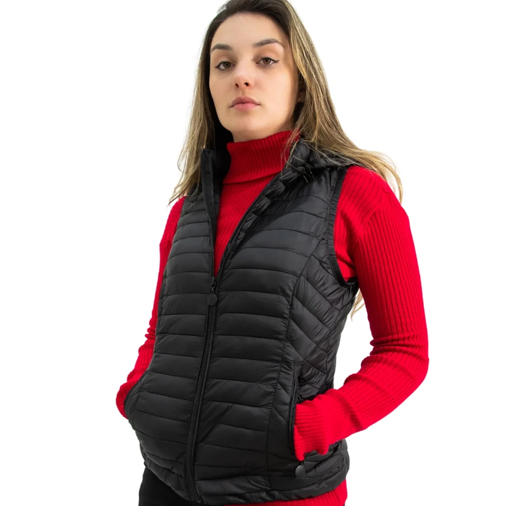 CHA02- CHALECO PUFFER CON CAPUCHA NEGRO OPACO - Imagen 2