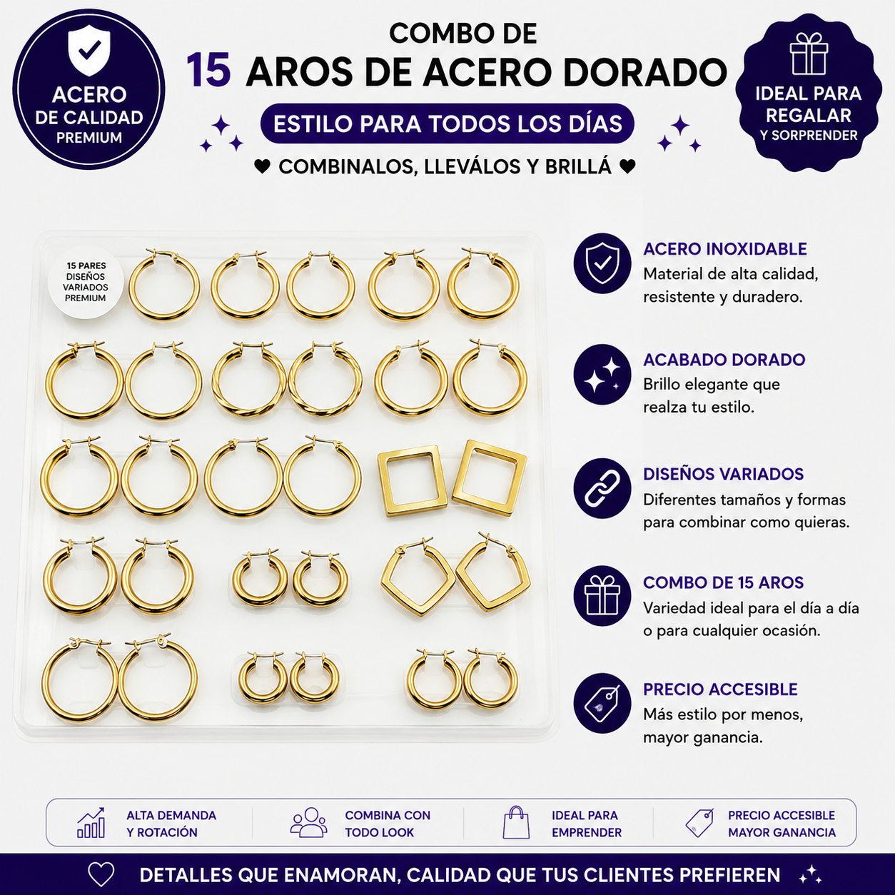 COMB155- COMBO AROS DE ACERO DORADO POR 15 PARES (Imagen Ilustrativa)