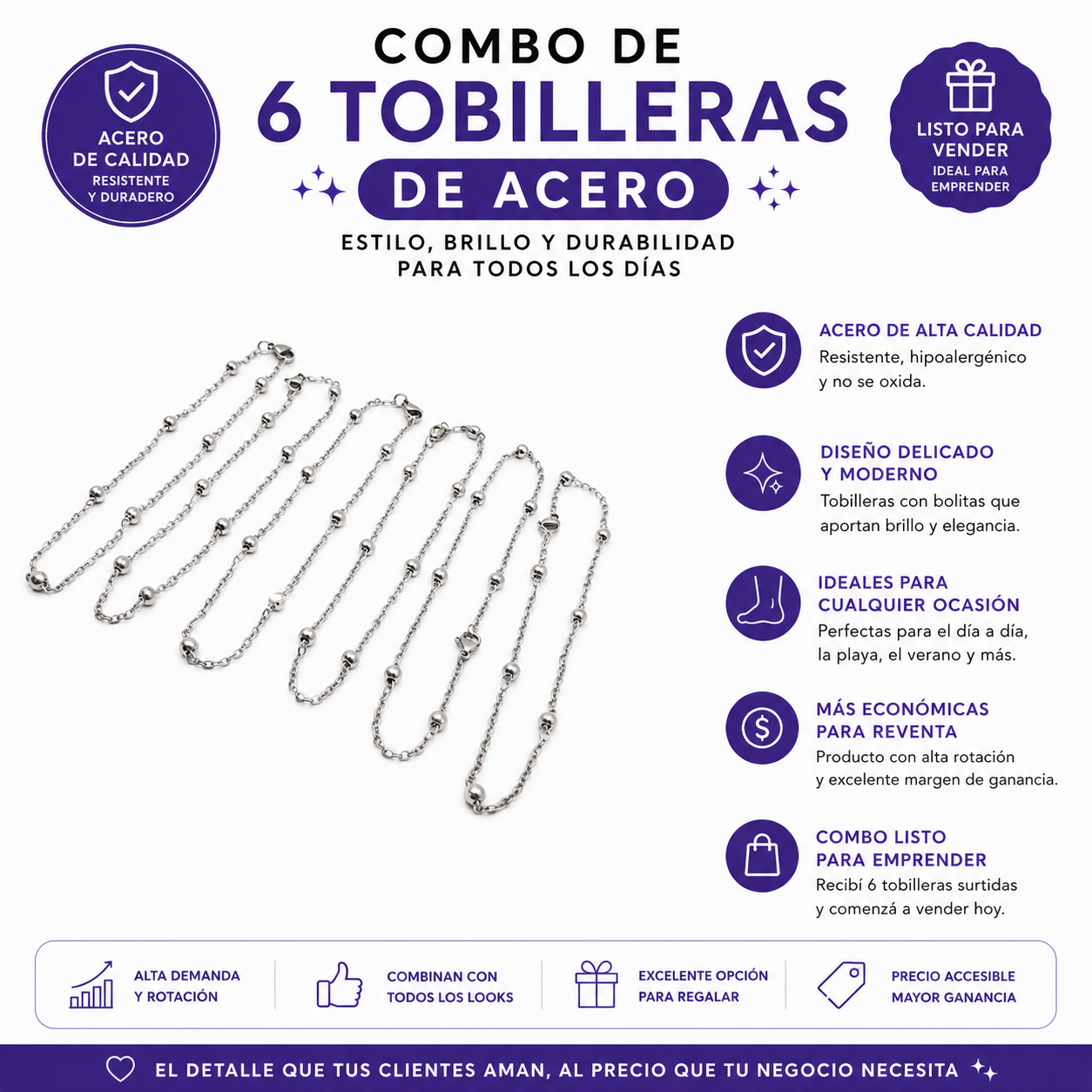 COMB150- COMBO TOBILLERAS DE ACERO POR 6 UNIDADES ( IMAGEN ILUSTRATIVA, PRODUCTOS SIN ELECCION SURTIDOS)