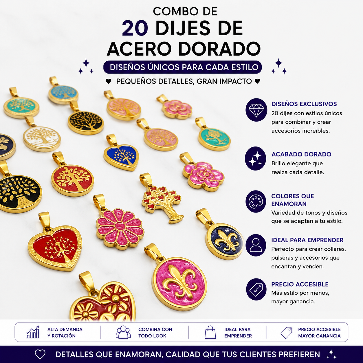 COMB161- COMBO DIJES DE ACERO DORADO POR 20 UNIDADES ( IMAGEN ILUSTRATIVA, PRODUCTOS SIN ELECCION SURTIDOS)